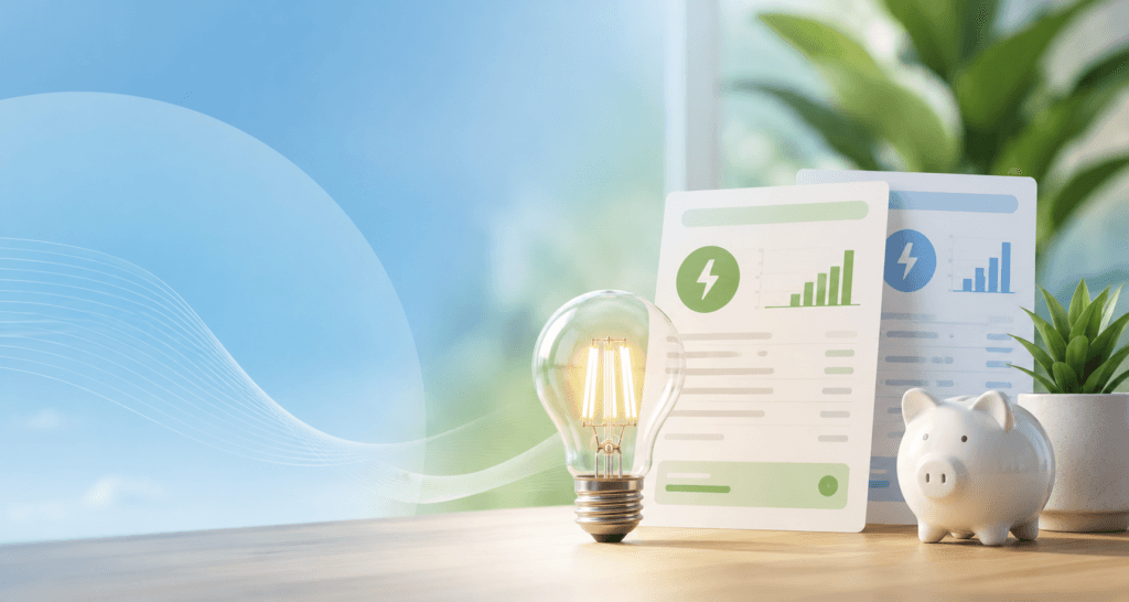 Light bulb, printed energy bills and a piggy bank illustrating an energy bill comparison when moving home