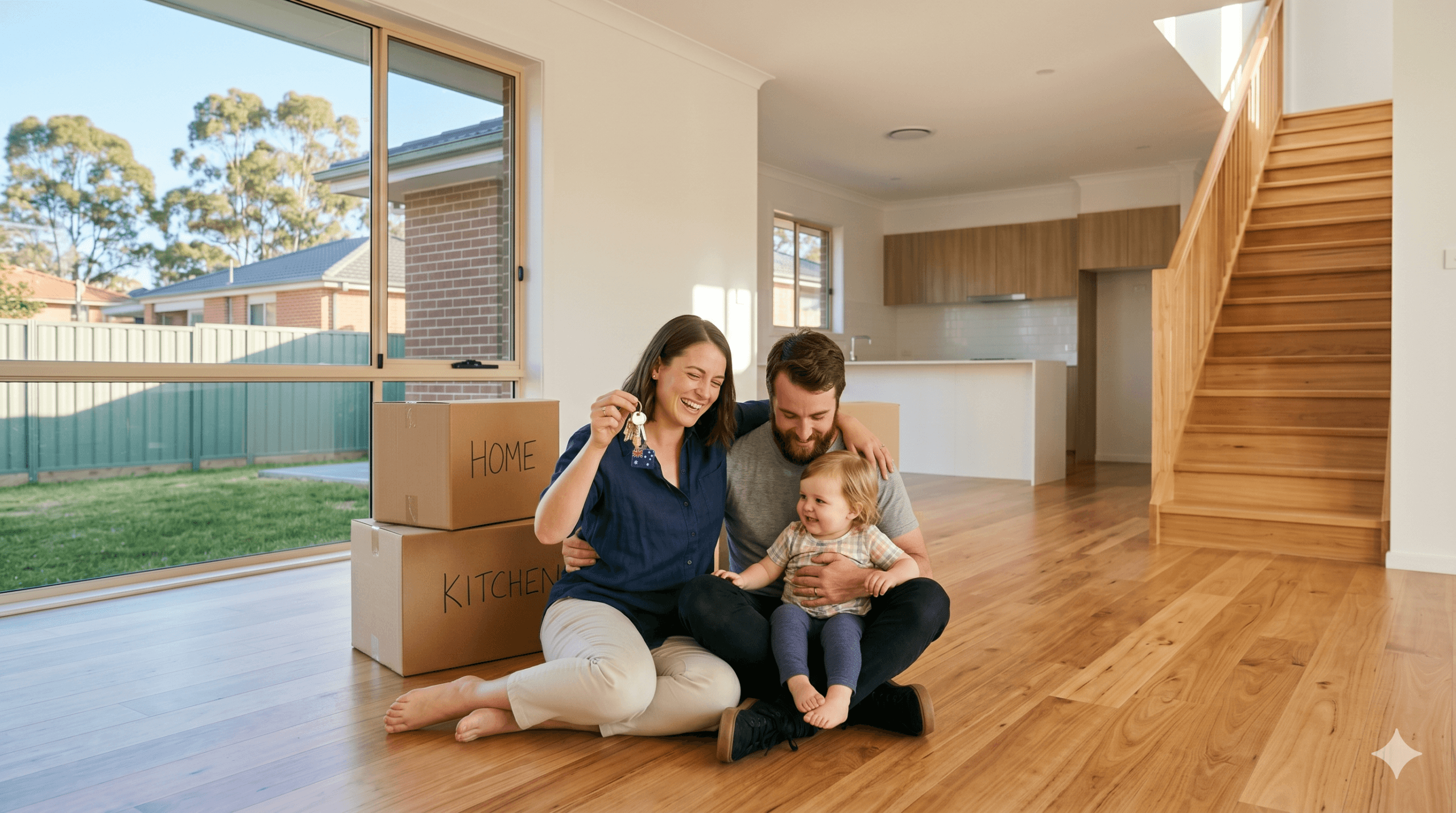 Excited family having just purchased a home using the first home guarantee scheme