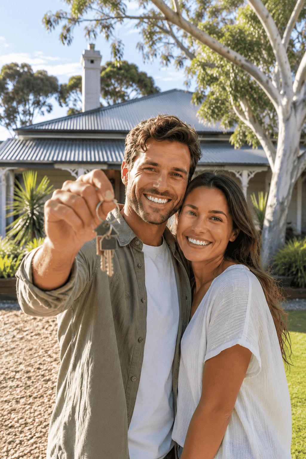 Couple holding the keys to their new home after working with a mortgage broker in Miranda