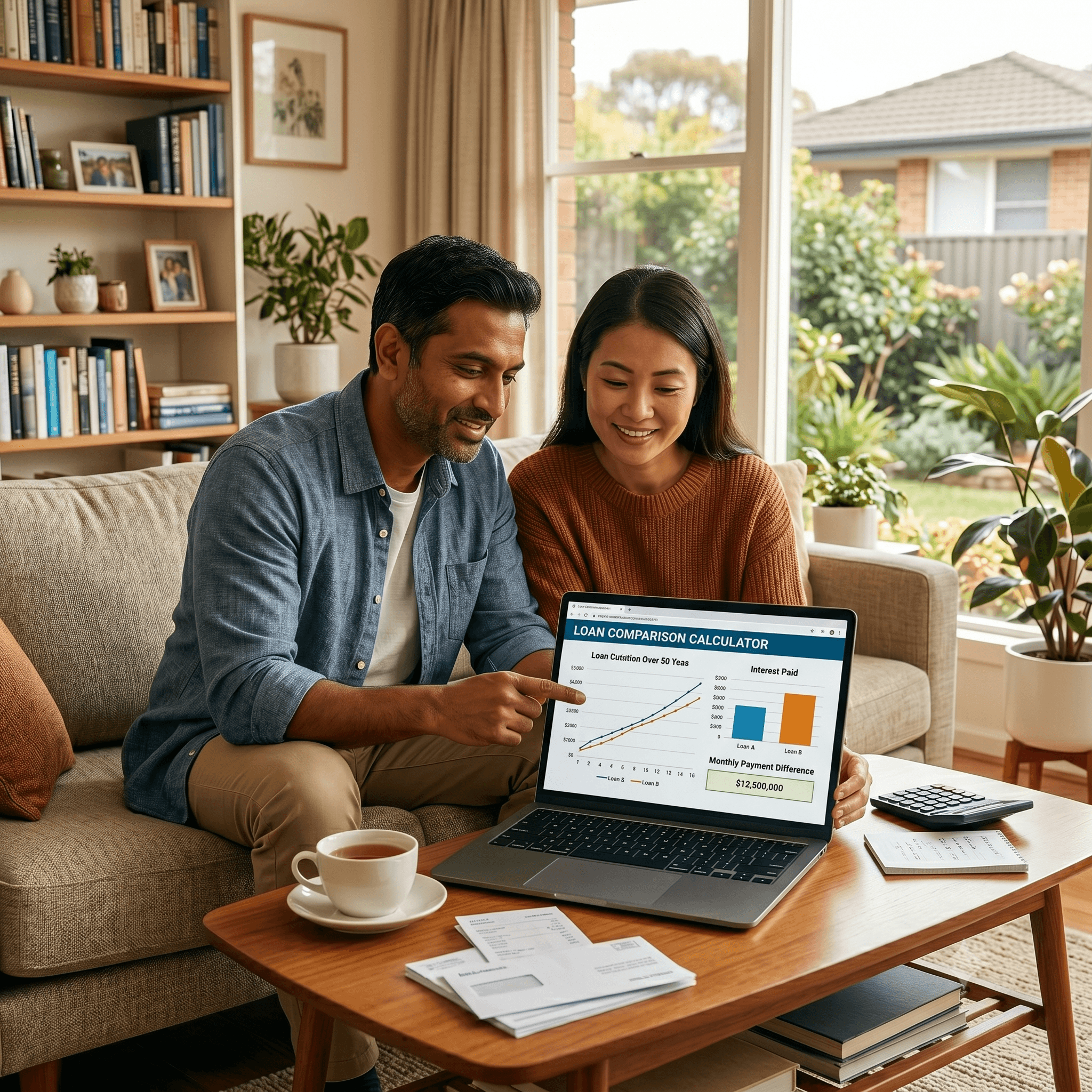 Couple using loan comparison calculator