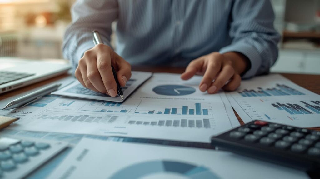Person with a pen, charts and calculators working through a budget planner