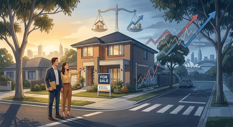Editorial illustration of the Australian property market at a turning point, featuring a modern suburban house with a "for sale" sign on a quiet tree-lined street, split lighting: one side warm and golden suggesting opportunity for a young couple looking at the house, the other side cooler and shadowed with subtle upward-trending arrows and a small graph overlay suggesting shifting interest rates and market data. In the background, faint skyline silhouettes of Sydney and Melbourne on one side and Perth or Brisbane on the other, symbolizing regional divergence. Include a subtle scale or balance motif in the composition to represent weighing decisions. Clean, professional financial-news illustration style, muted navy, gold, and soft grey tones, realistic but slightly stylized, high-quality digital painting, no text or logos.
