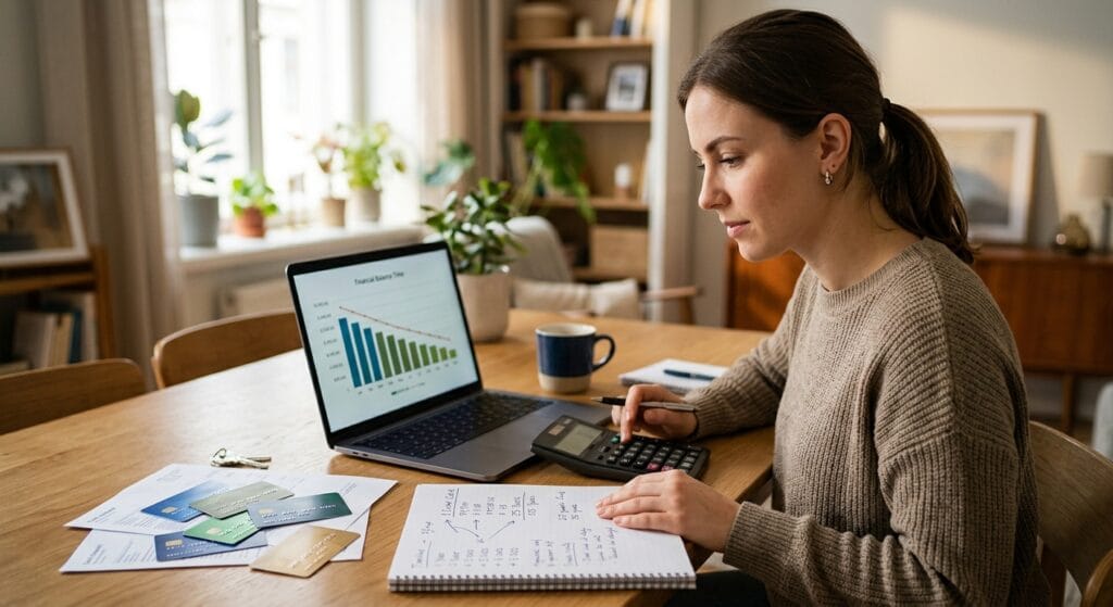 Woman with credit cards, a notebook and a calculator using a credit card calculator on her laptop