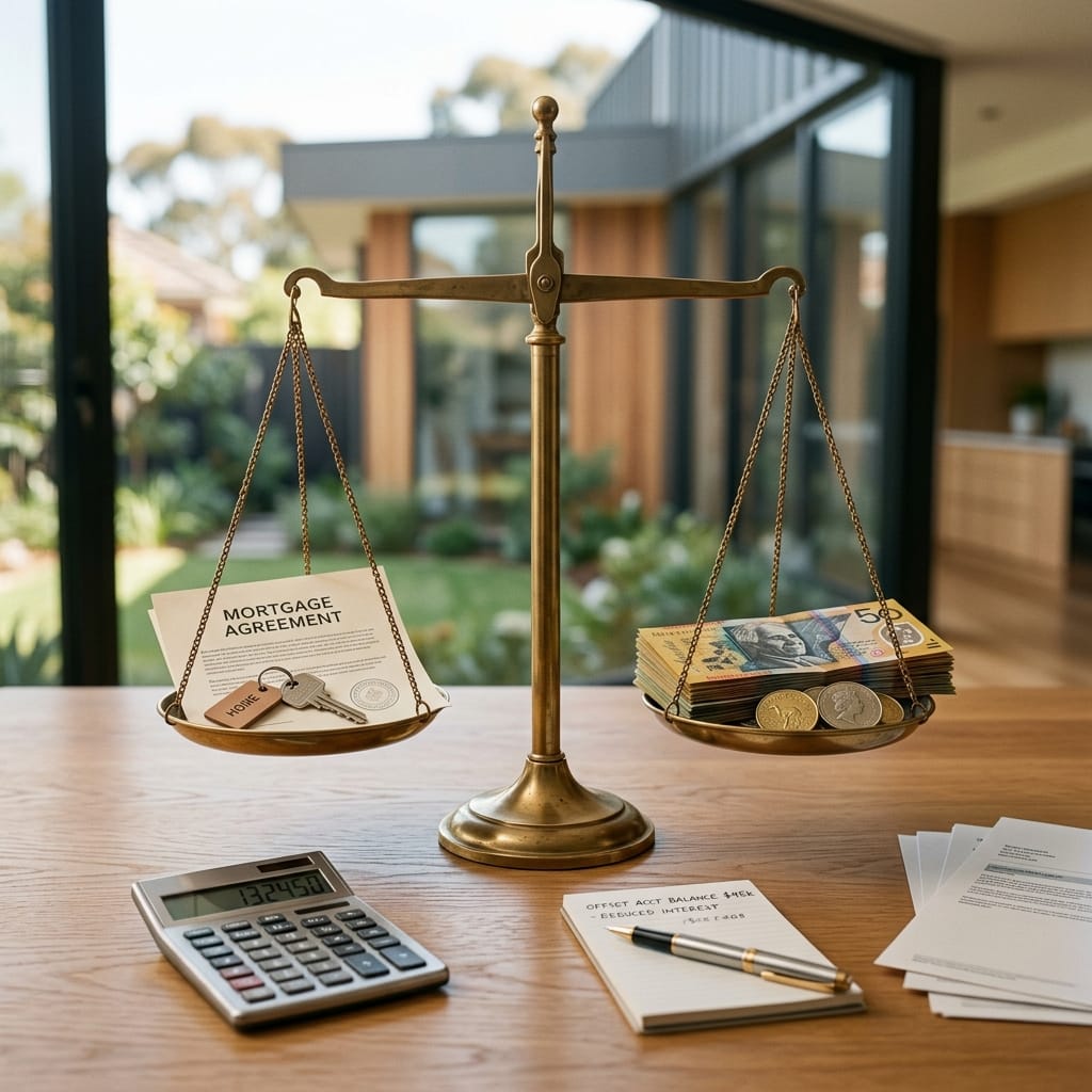 Scales balancing a house key and loan papers against cash savings, illustrating a mortgage offset calculator