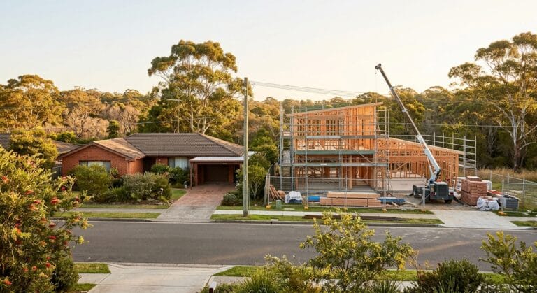 A sunlit suburban street in the Sutherland Shire, Sydney, showing a construction site mid-transformation: on one side an older 1980s brick house, on the other a modern half-built new home with exposed timber frame and scaffolding, a concrete slab foundation visible, and a small crane or building materials nearby.