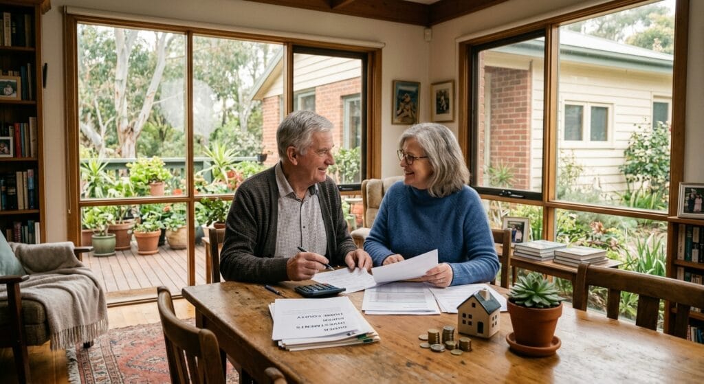 an older couple reviewing their options for a reverse mortgage at their kitchen table