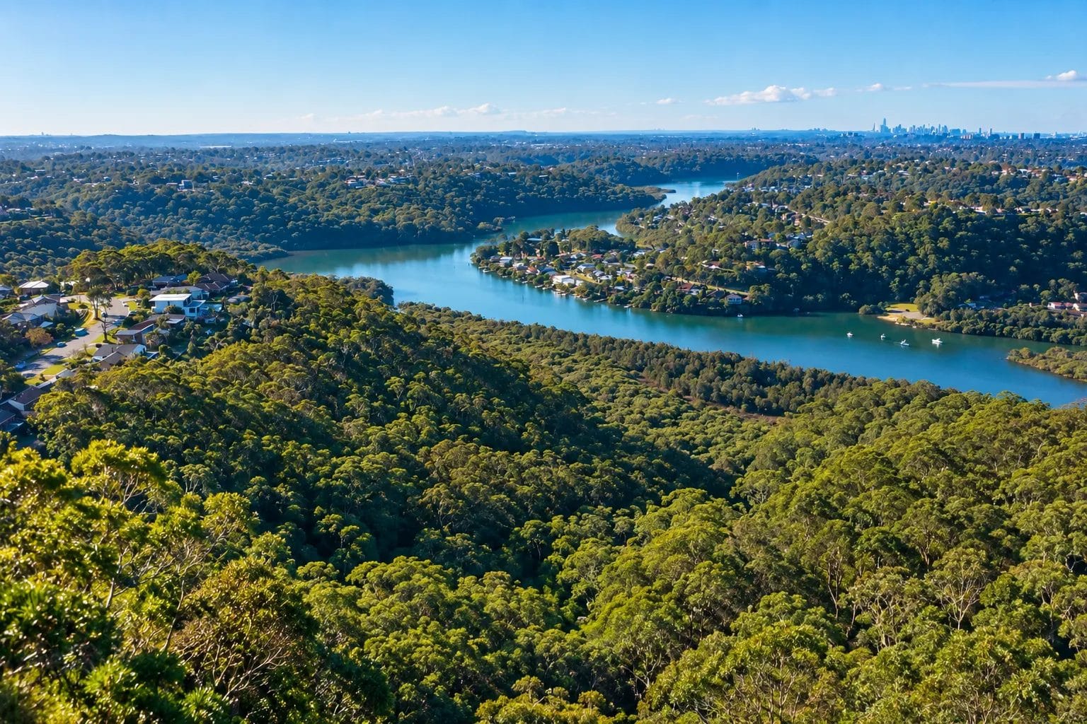 Illustration of the Woronora River winding through bushland and leafy streets, the local area served by our mortgage broker in Bangor